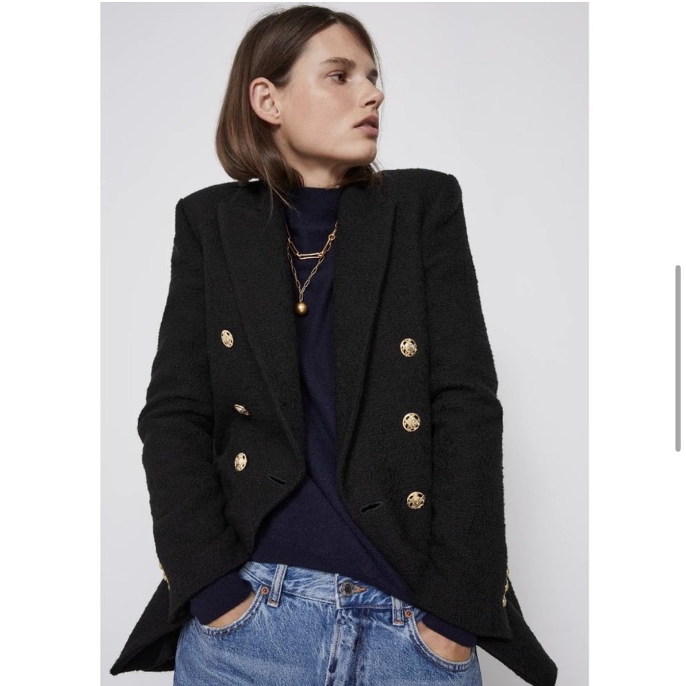 Zara Double Breasted Textured Weave Blazer Jacket